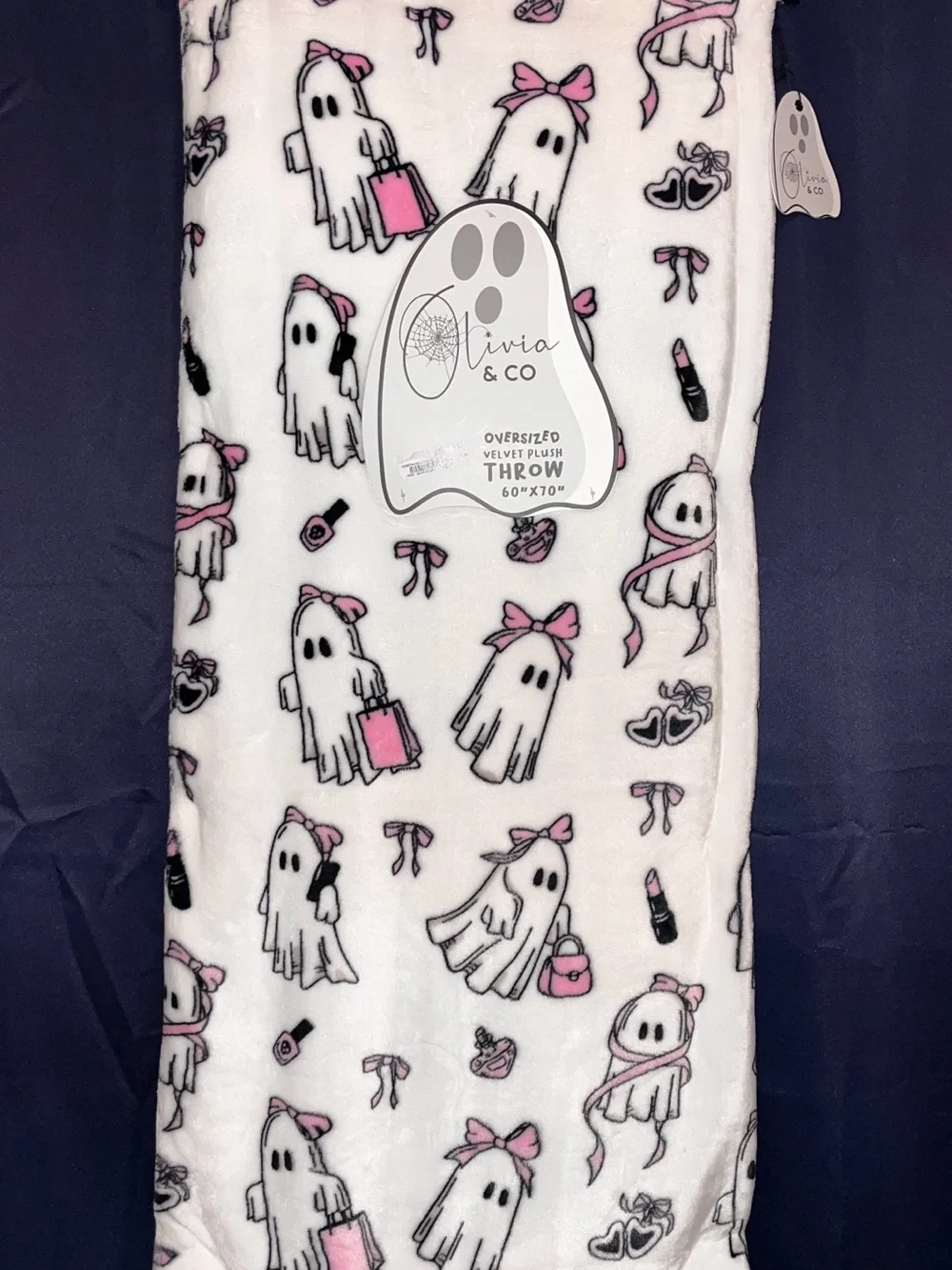 Olivia & Co White and Pink Ghost-Print velvet soft fall blanket -